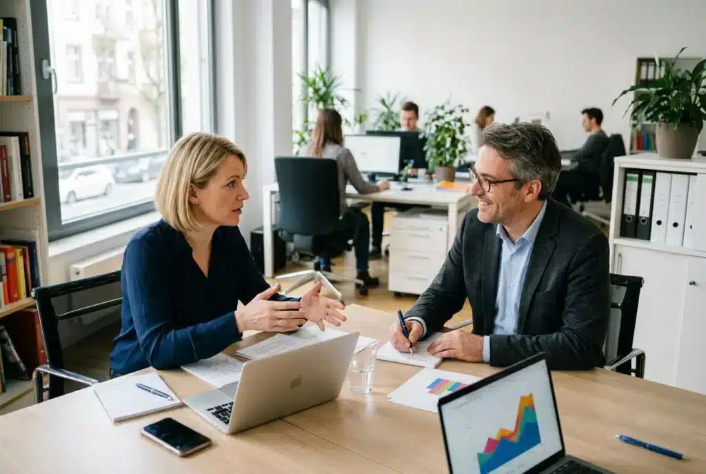Kundin und Agenturberater im Briefinggespräch am Besprechungstisch