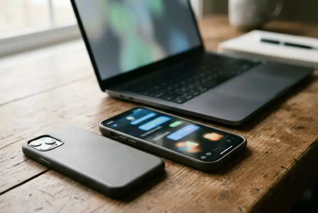 Smartphone mit eingehenden Nachrichten neben einem Laptop auf dem Schreibtisch