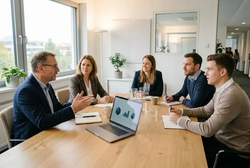 Vertriebsteam bespricht mit Geschäftskunden eine Präsentation am Laptop