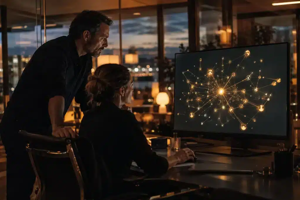 Zwei Mitarbeiter vor einem Monitor mit einem Netzwerk aus verlinkten Punkten