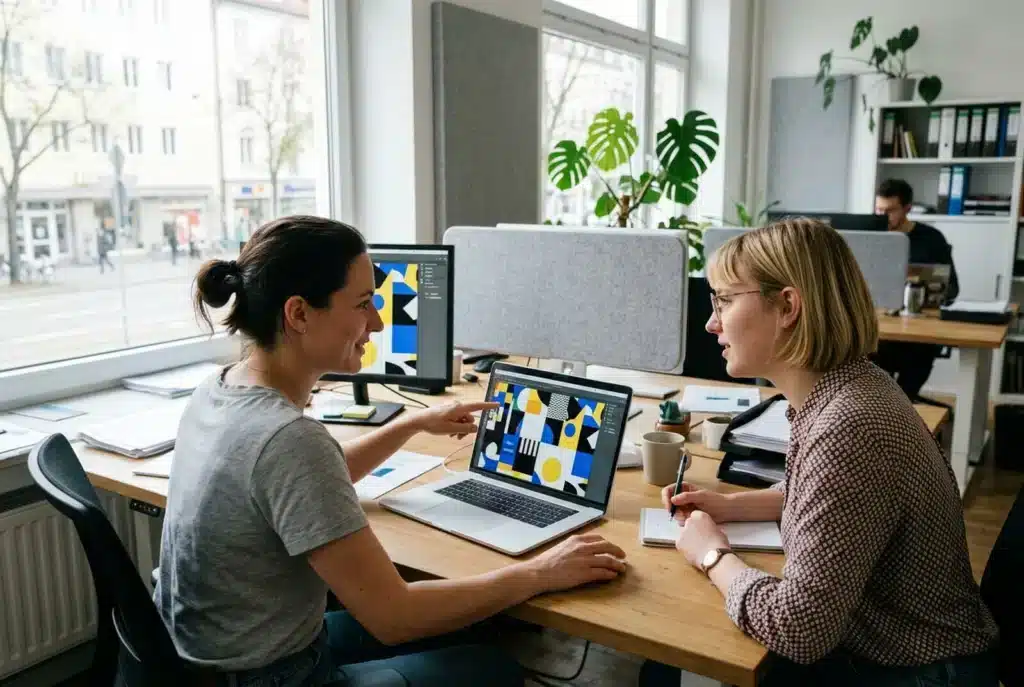 Zwei Webdesignerinnen prüfen eine kontrastreiche Website am Laptop
