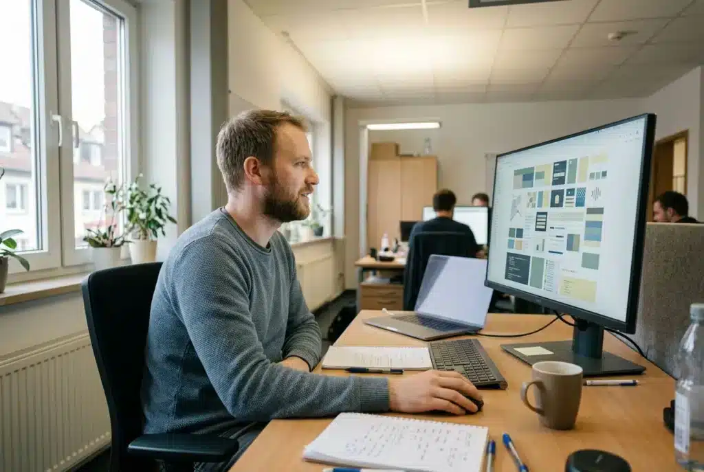 Webentwickler am Monitor mit Plugin-Kacheln im hellen Büro