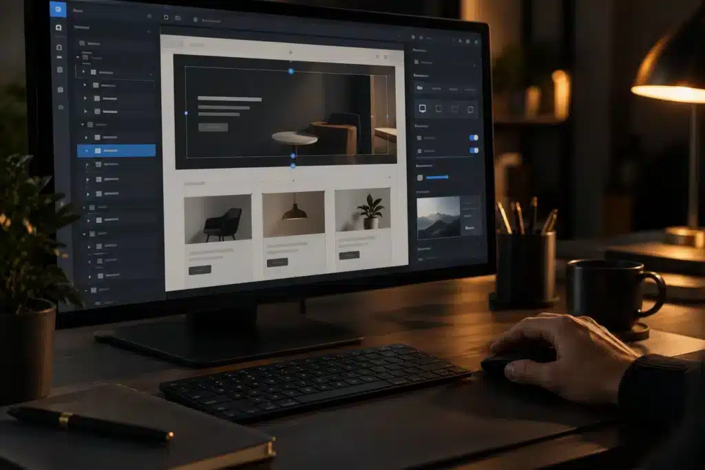Monitor mit Page-Builder-Oberfläche, eine Hand an der Maus
