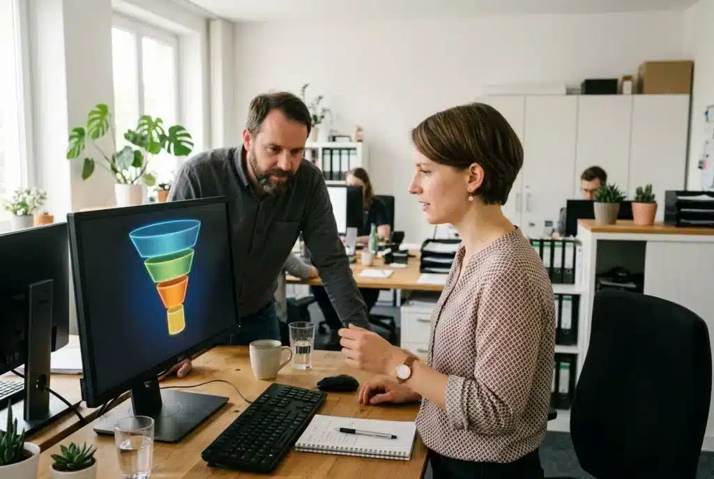 Marketer und Kollegin werten am Monitor einen Conversion-Trichter aus