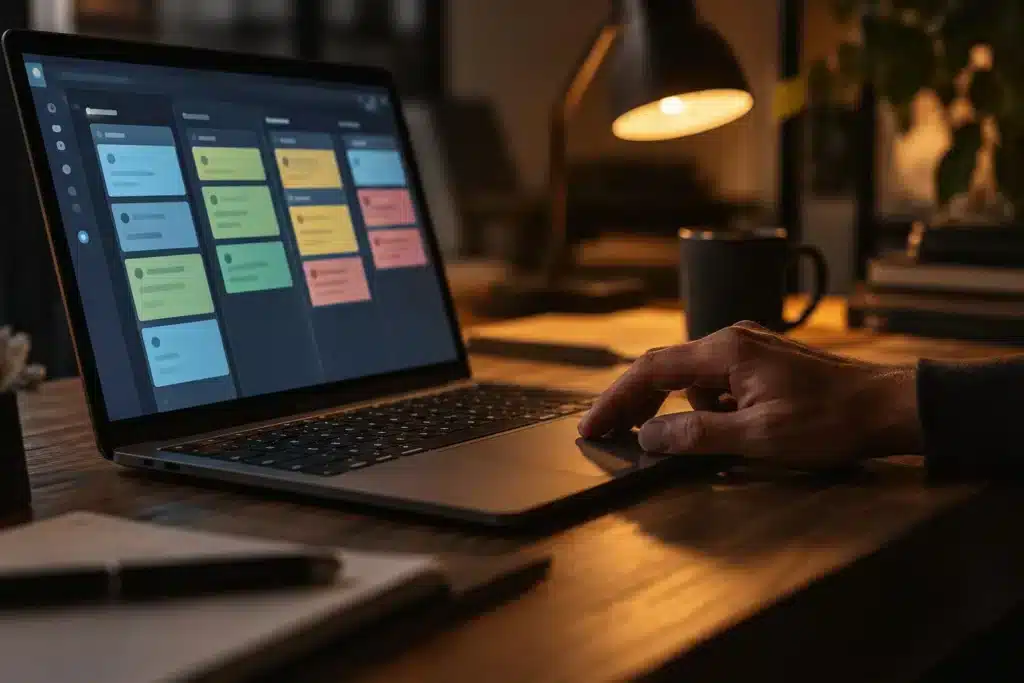 Laptop mit farbiger Vertriebspipeline eines CRM, Hand am Trackpad