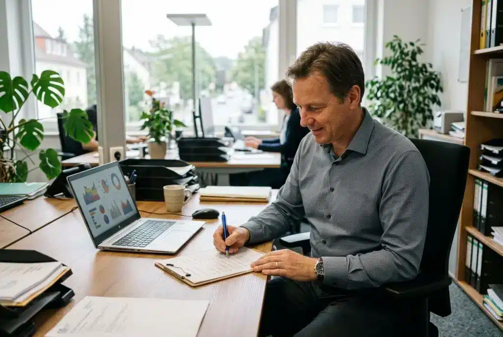 Datenschutzbeauftragter geht am Laptop eine DSGVO-Checkliste durch