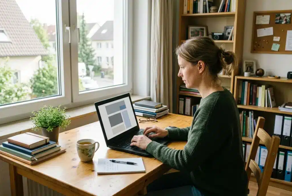 Unternehmerin schreibt am Laptop einen Newsletter