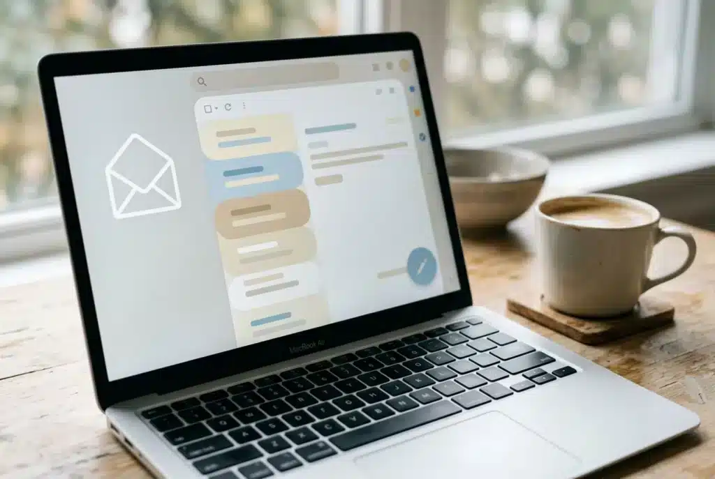 Laptop mit E-Mail-Entwurf und Briefumschlag-Symbol neben einer Kaffeetasse