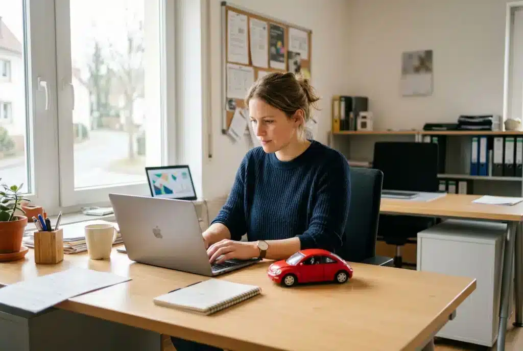 Mitarbeiterin einer Fahrschule am Laptop, daneben ein rotes Spielzeugauto