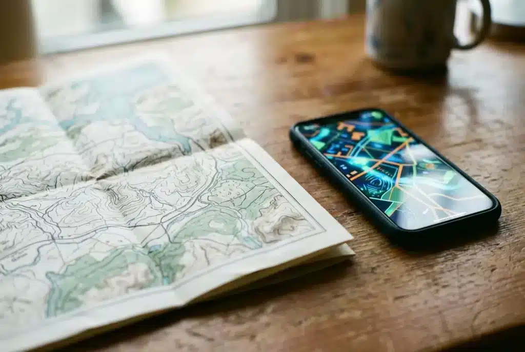 Gefaltete Landkarte und Smartphone mit Kartenansicht auf dem Schreibtisch