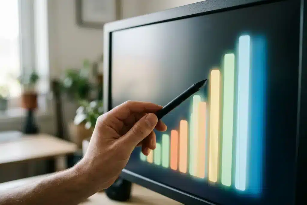 Monitor mit steigendem Balkendiagramm, eine Hand zeigt mit dem Stift darauf