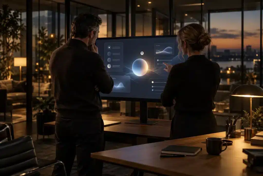 Zwei Entscheider vor einem großen Monitor mit KI-Oberfläche