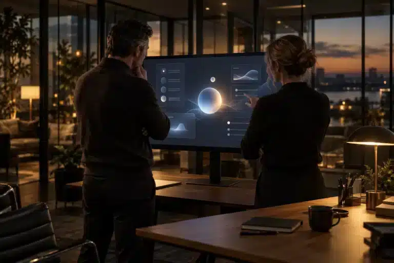 Zwei Entscheider vor einem großen Monitor mit KI-Oberfläche