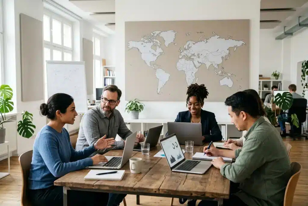 Internationales Team am Besprechungstisch vor einer Weltkarte