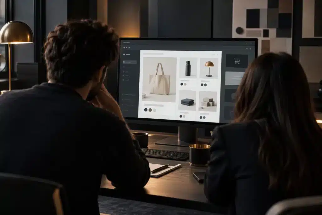 Zwei Personen betrachten am Monitor einen Onlineshop mit Produkten