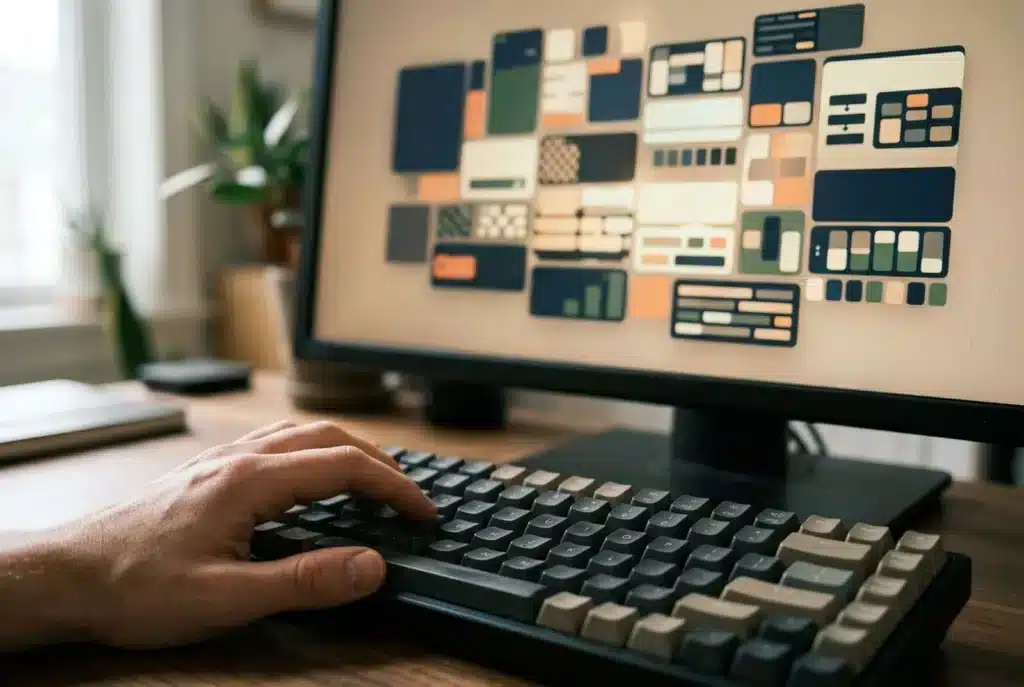 Monitor mit strukturierten Datenblöcken, eine Hand auf der Tastatur