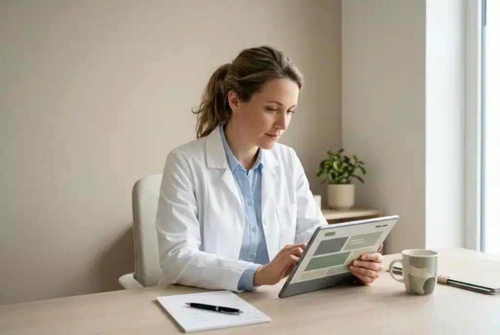 Ärztin prüft am Tablet die Website ihrer Praxis