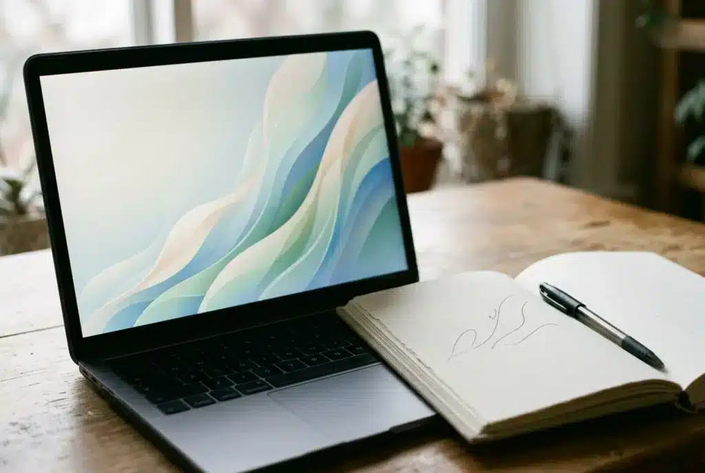Laptop mit Wachstumskurve neben einem Notizbuch mit Stift