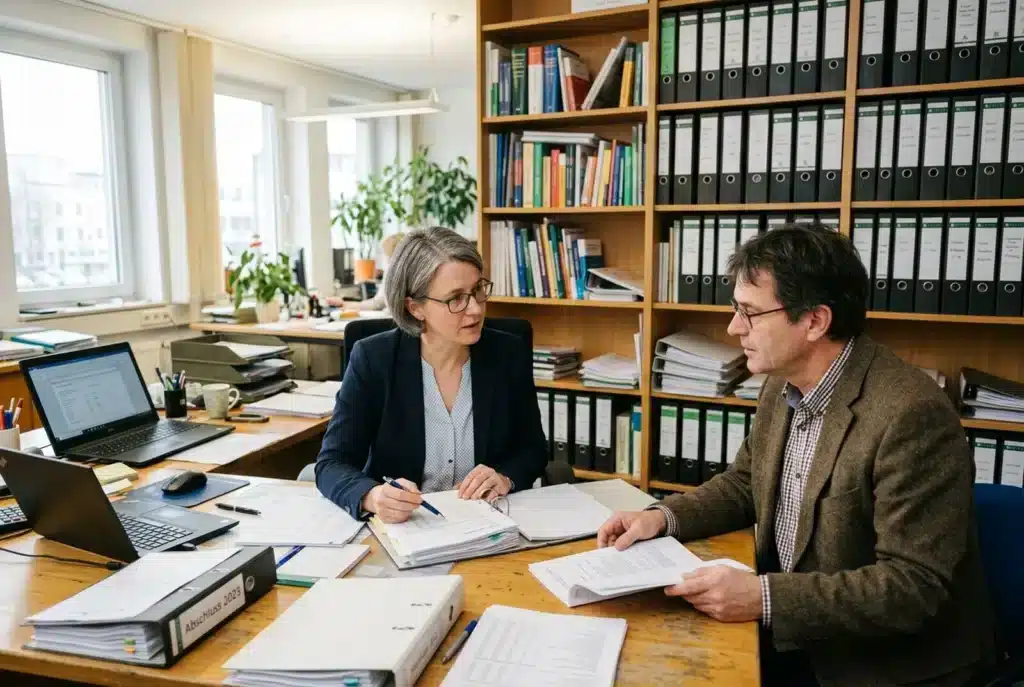 Steuerberaterin bespricht Unterlagen mit einem Mandanten