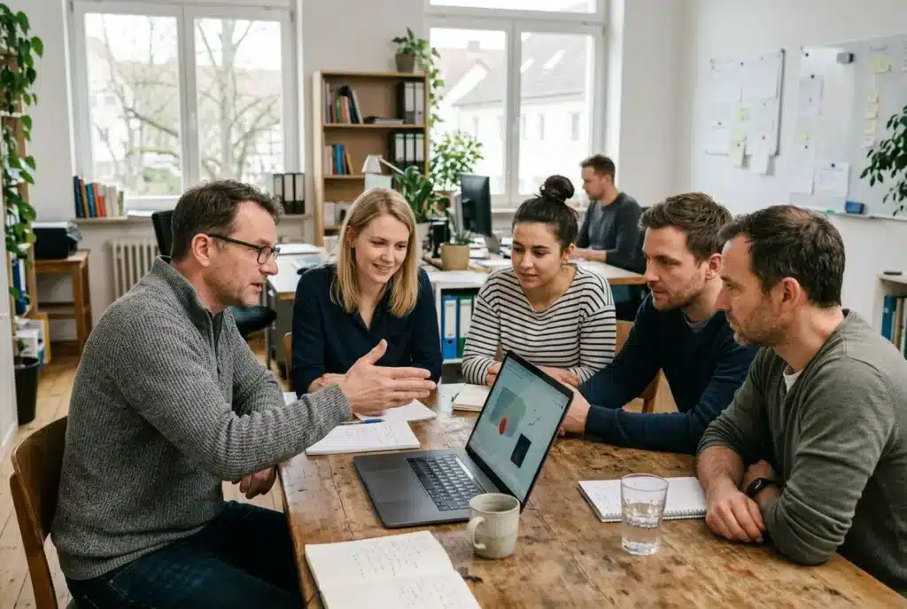 Berater erklärt einem Team am Laptop die Grundlagen der Suchmaschinenoptimierung