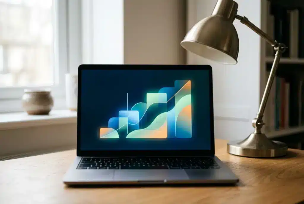 Laptop mit steigendem Diagramm unter einer Schreibtischlampe
