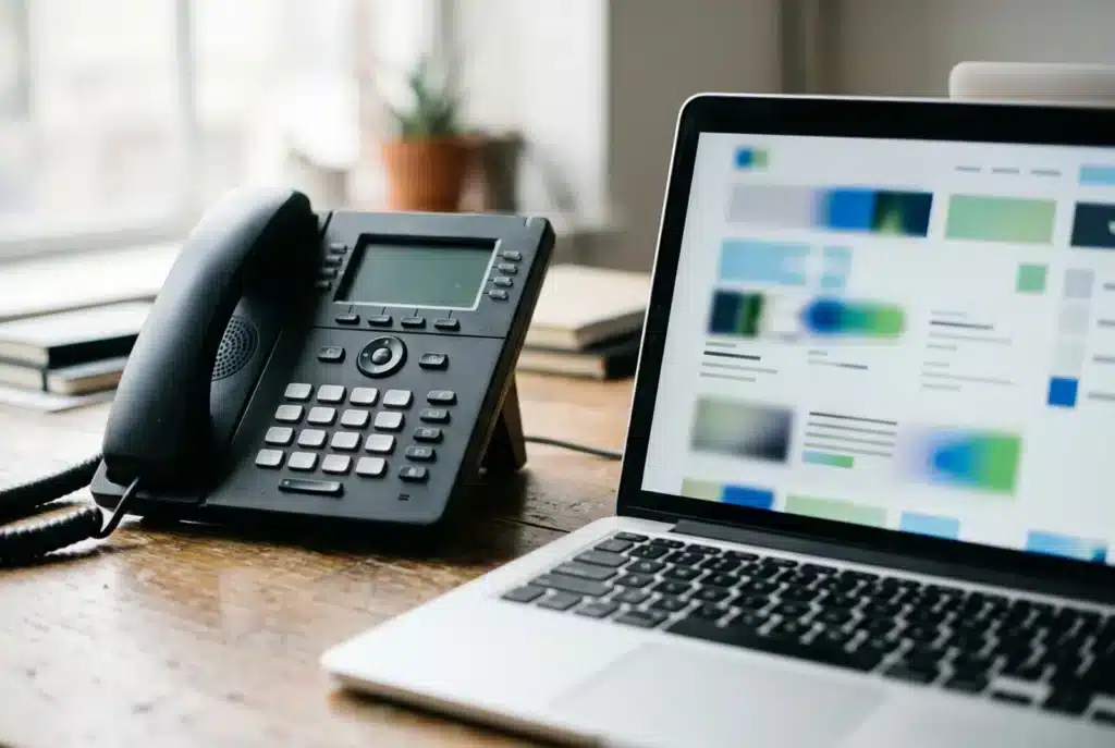 Stilles Bürotelefon neben einem Laptop mit Website-Entwurf