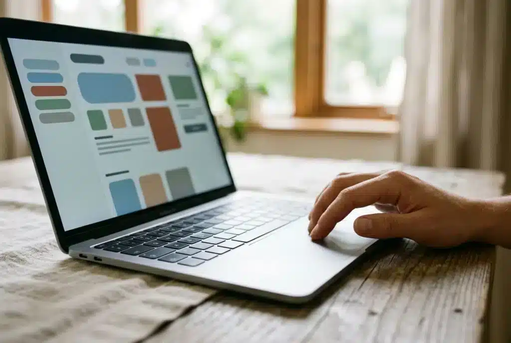 Laptop mit Seitenbausteinen eines Content-Management-Systems, Hand am Trackpad
