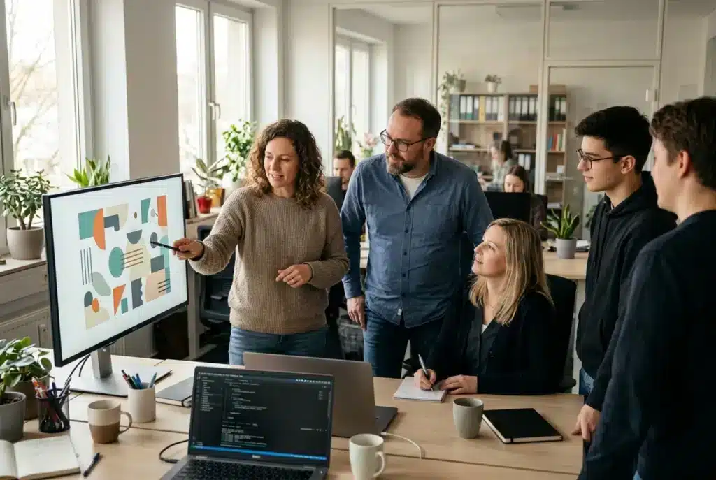 Marketingteam bespricht am großen Monitor den Entwurf einer Landing Page