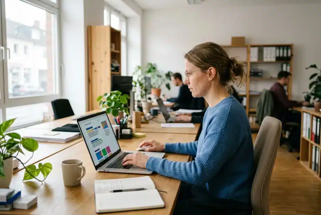 Redakteurin bearbeitet am Laptop Snippets für die Google-Suche