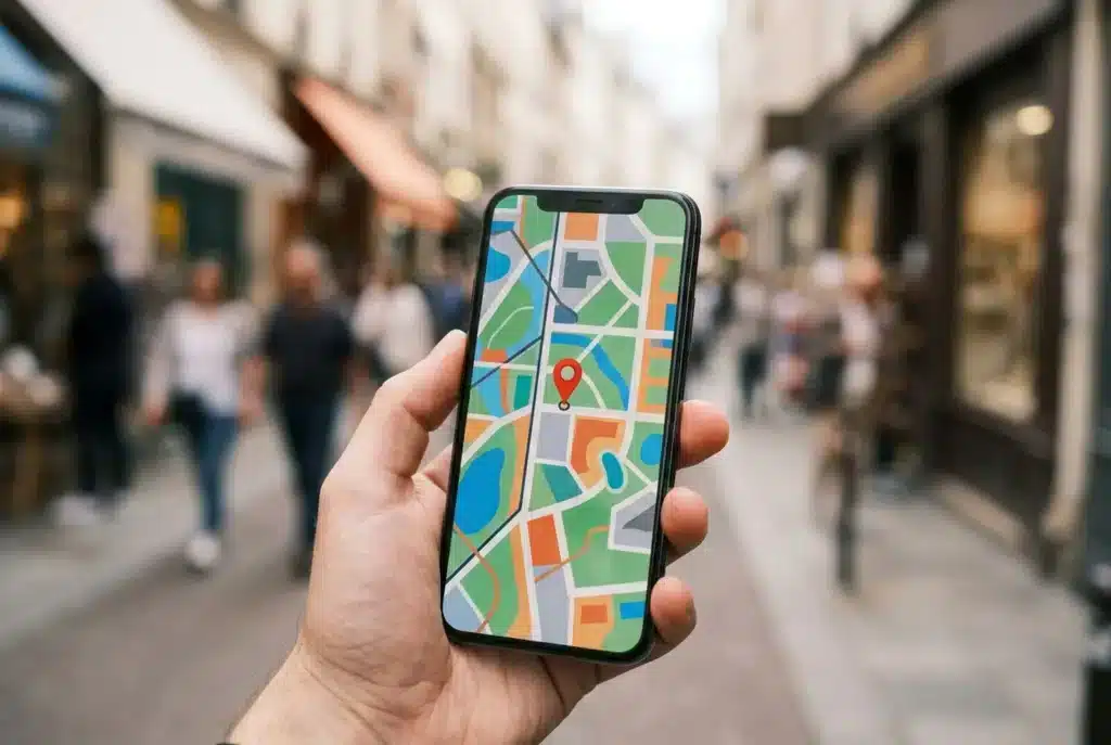 Hand hält ein Smartphone mit Kartenpin vor einer belebten Einkaufsstraße