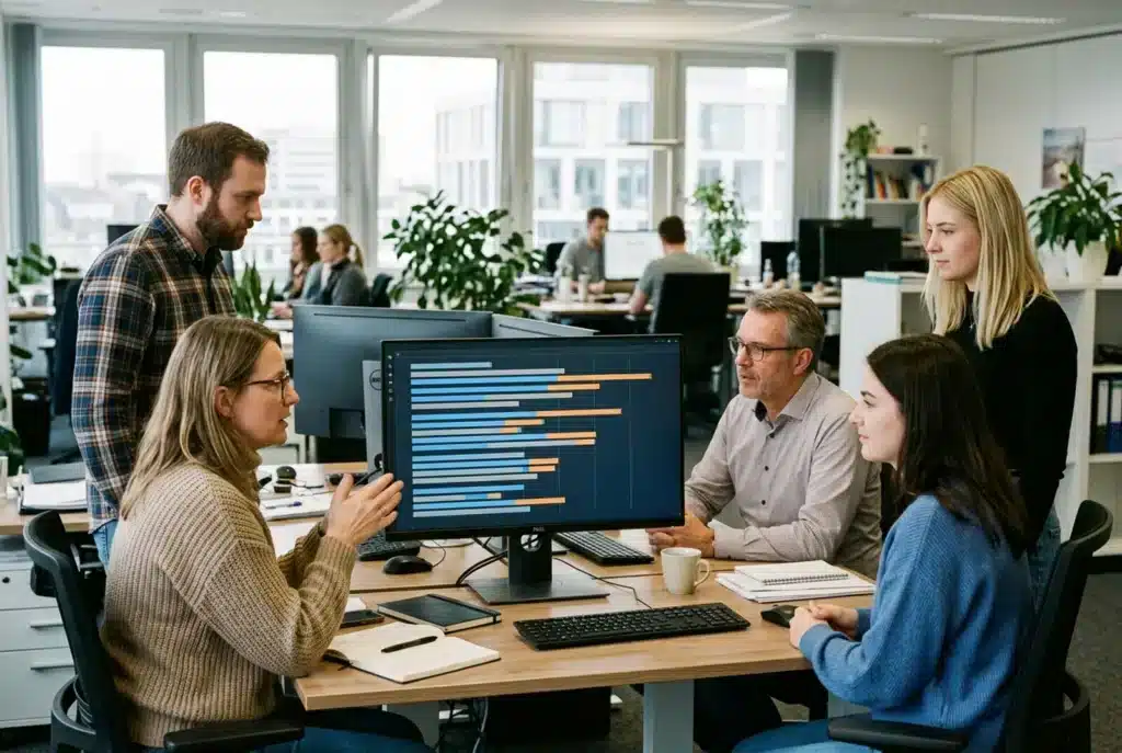 Team bespricht am Monitor ein Diagramm zu Google-Rankings
