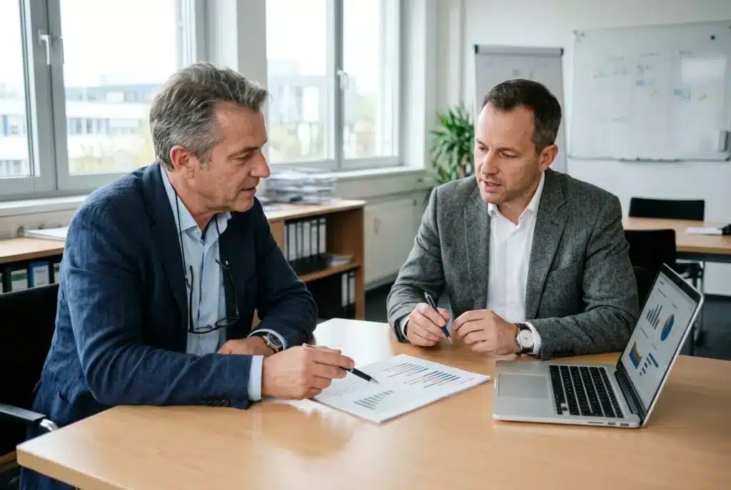 Unternehmer und Berater besprechen am Tisch das Budget für SEO