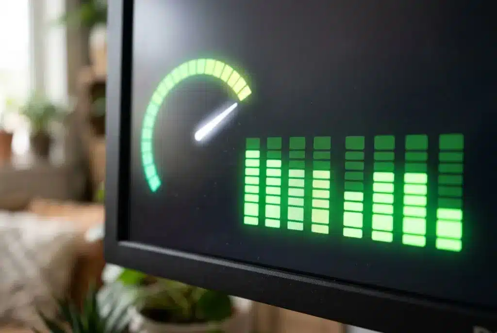 Monitor mit Tachometer und grünen Balken zur Ladezeit einer Website