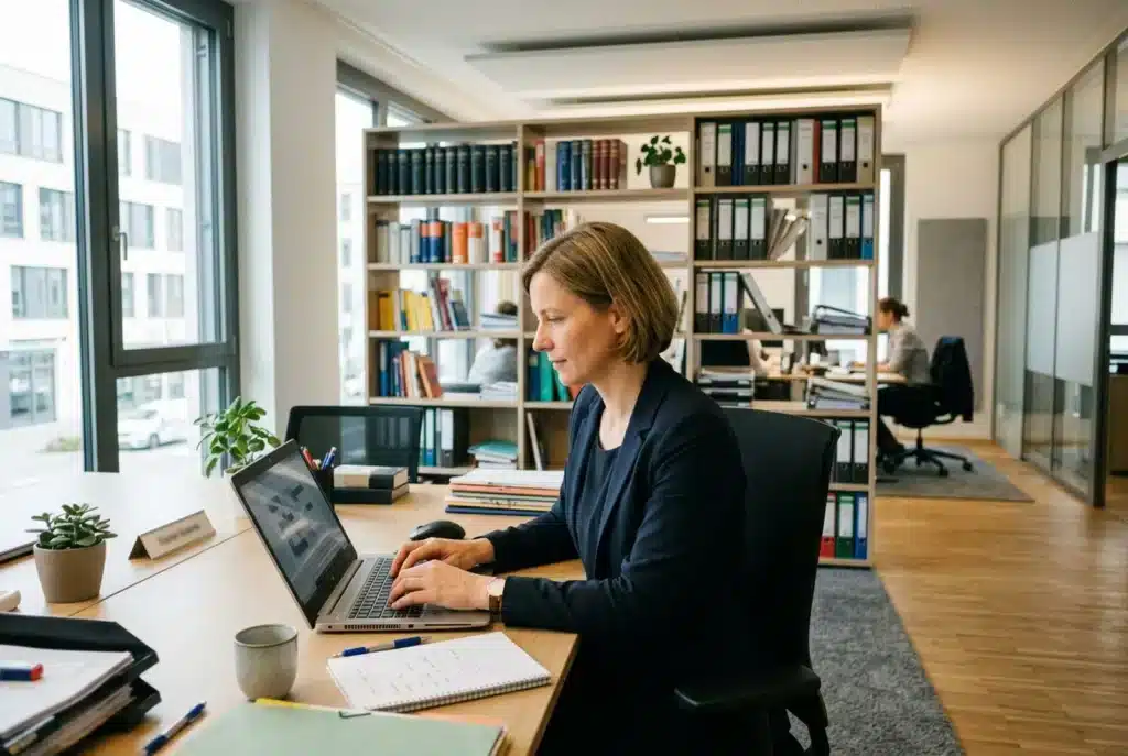 Anwältin arbeitet am Laptop in einer hellen Kanzlei