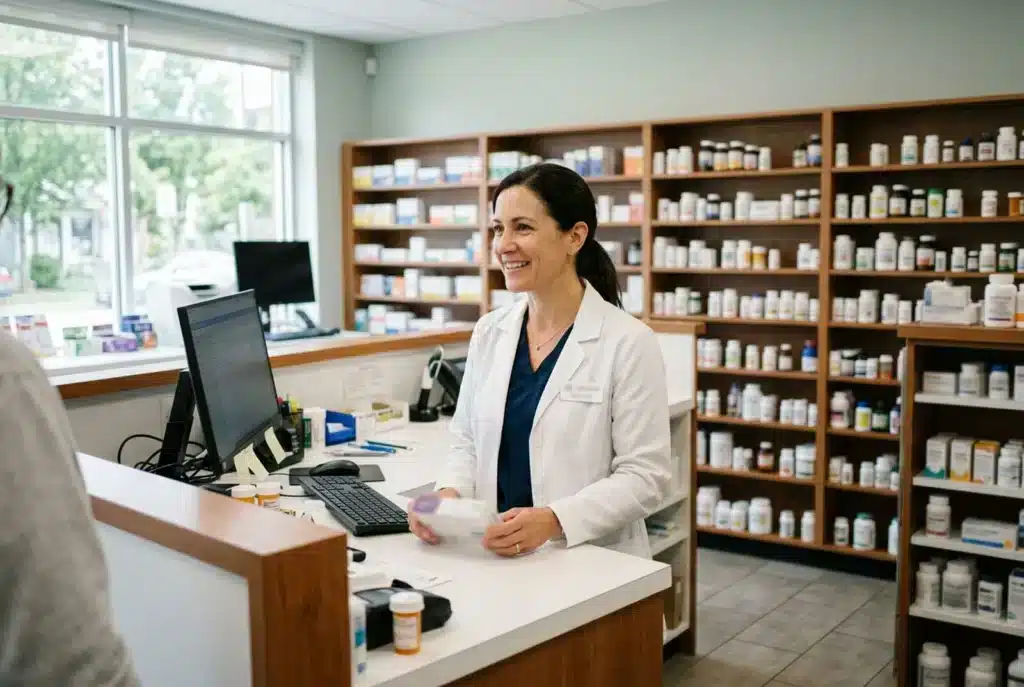 Apothekerin hinter dem Verkaufstresen einer hellen Apotheke