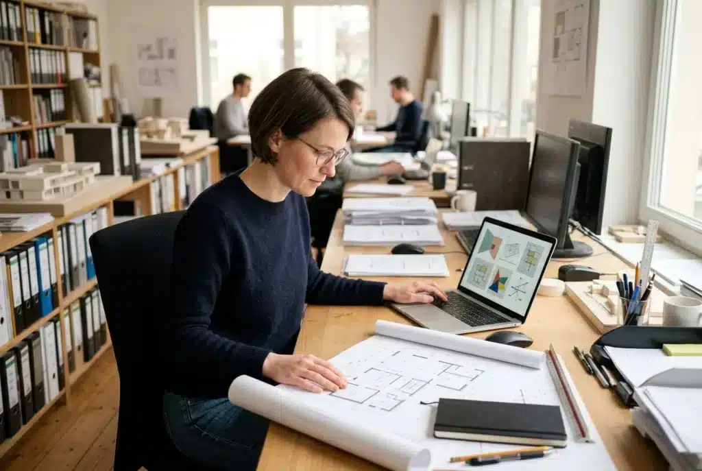 Architektin am Schreibtisch mit Plänen und Portfolio am Monitor