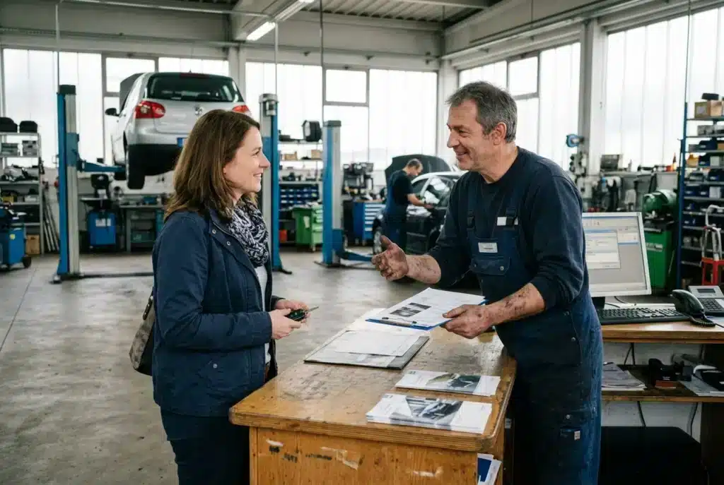 Kfz-Mechaniker berät eine Kundin am Tresen der Werkstatt