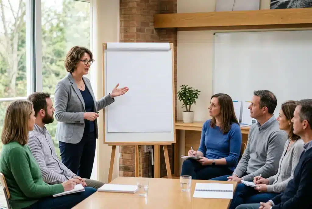 Coachin präsentiert einer kleinen Gruppe am Flipchart