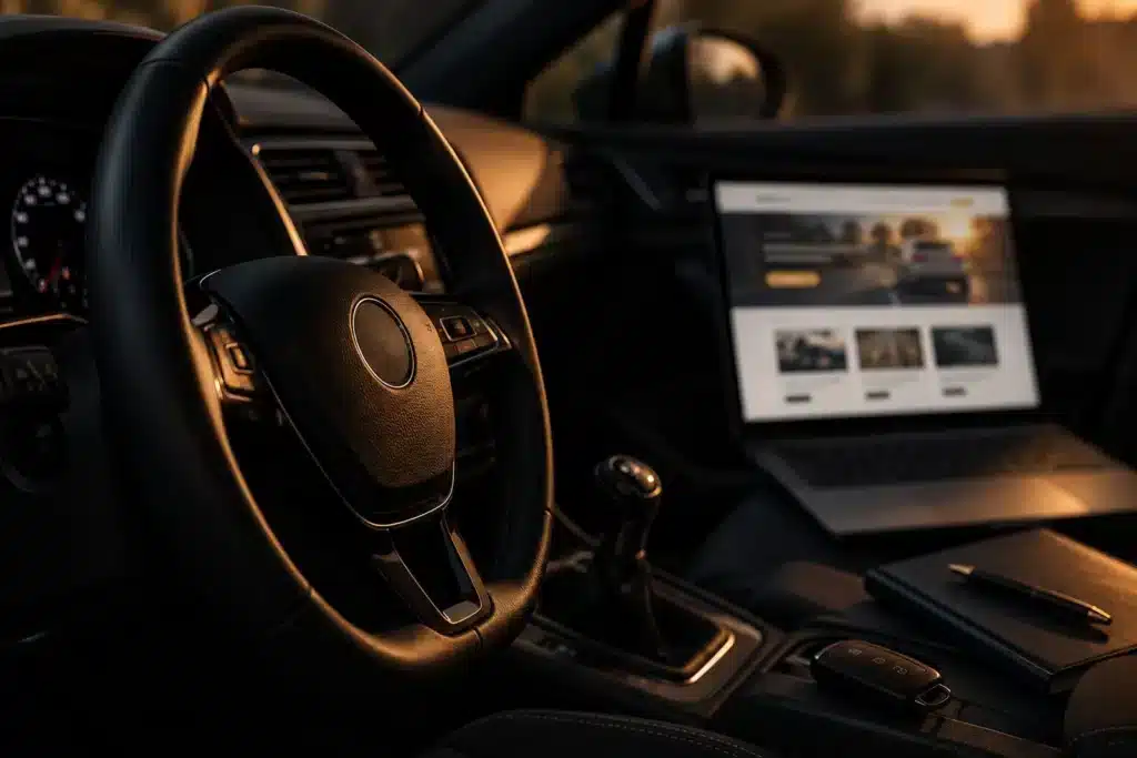 Lenkrad eines Fahrschulautos und Laptop mit der Website einer Fahrschule