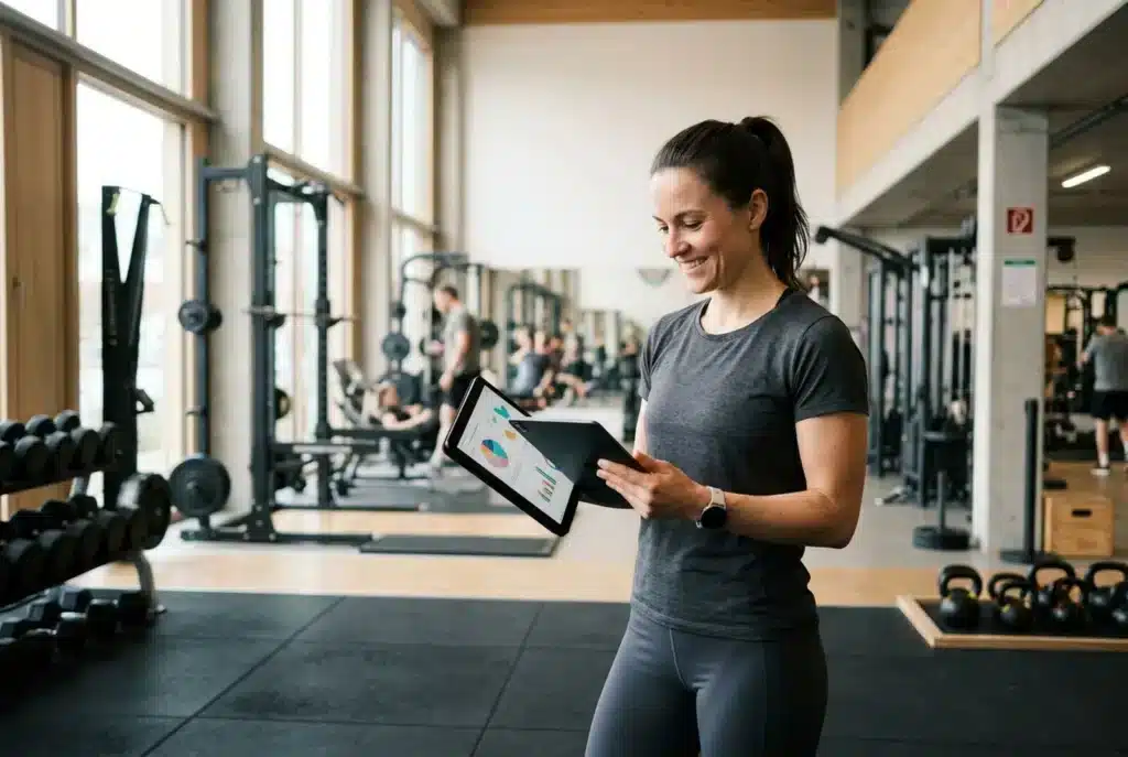 Fitnesstrainerin mit Tablet in einem hellen Fitnessstudio