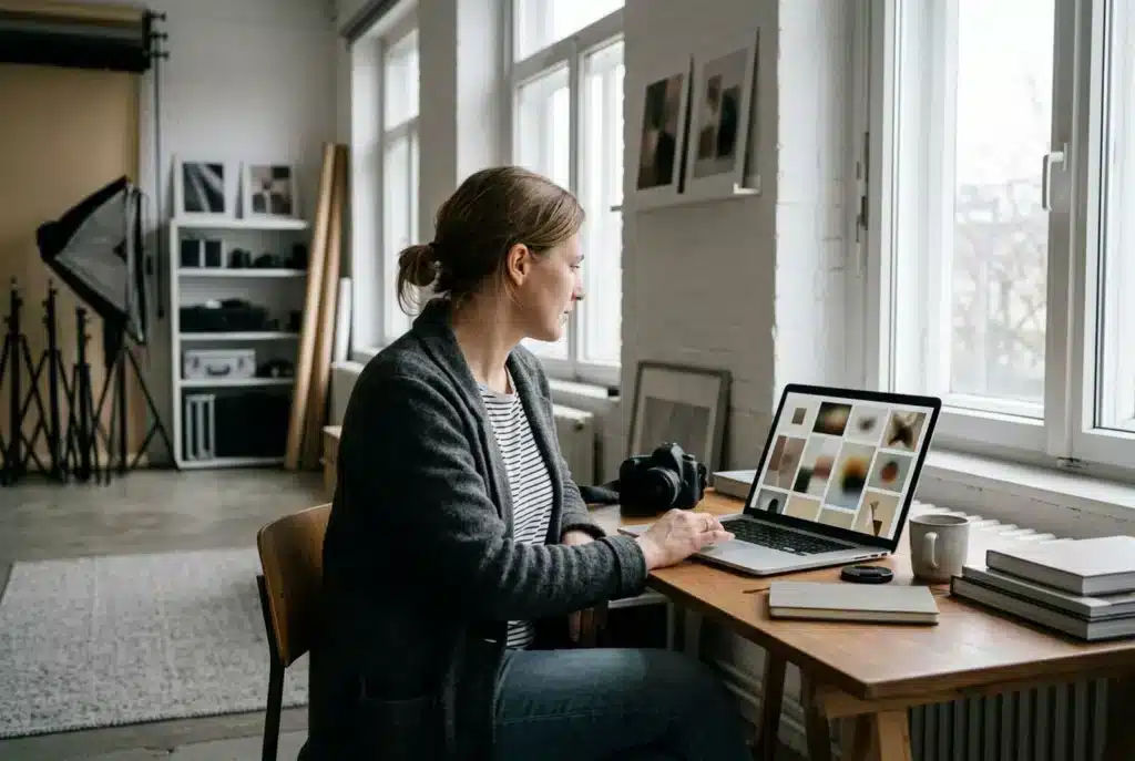 Fotografin im Studio am Laptop mit Bildergalerie