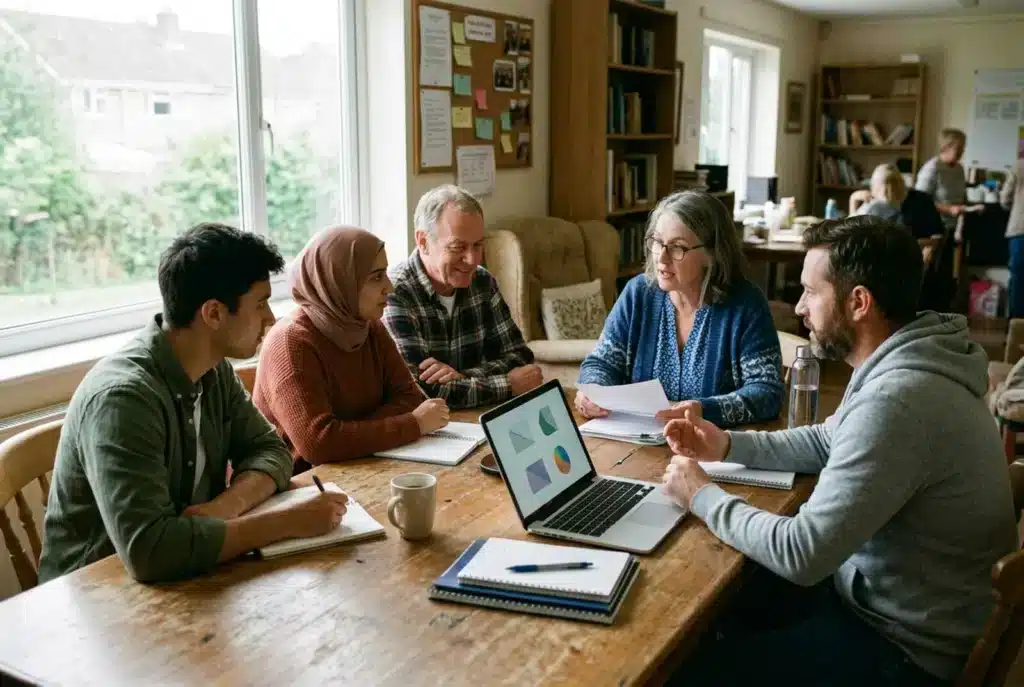 Vereinsmitglieder planen gemeinsam am Laptop im Vereinsraum