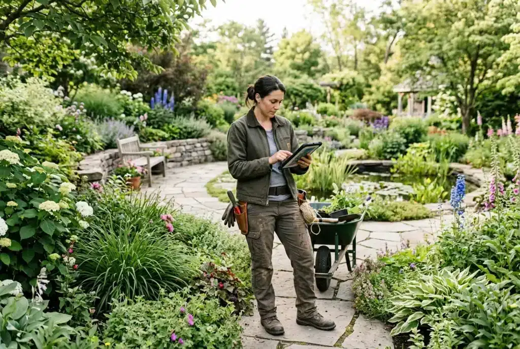Landschaftsgärtnerin mit Tablet in einem angelegten Garten