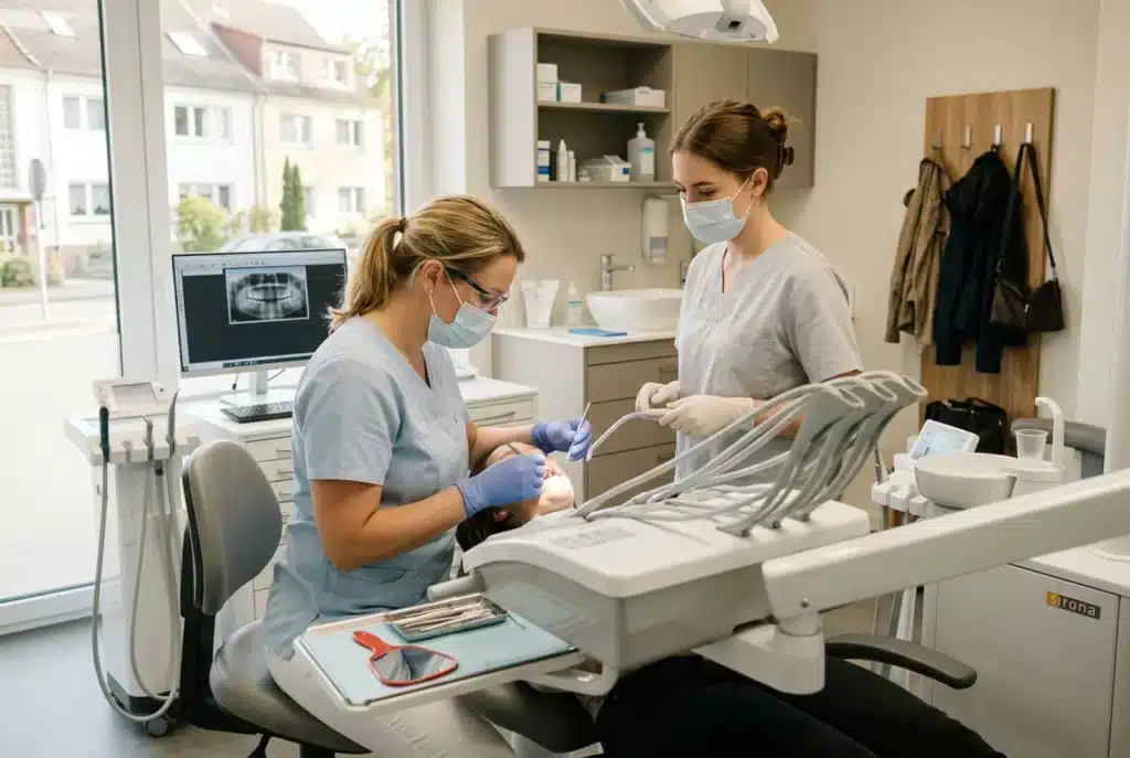 Zahnärztin und Assistentin am Behandlungsstuhl einer modernen Praxis