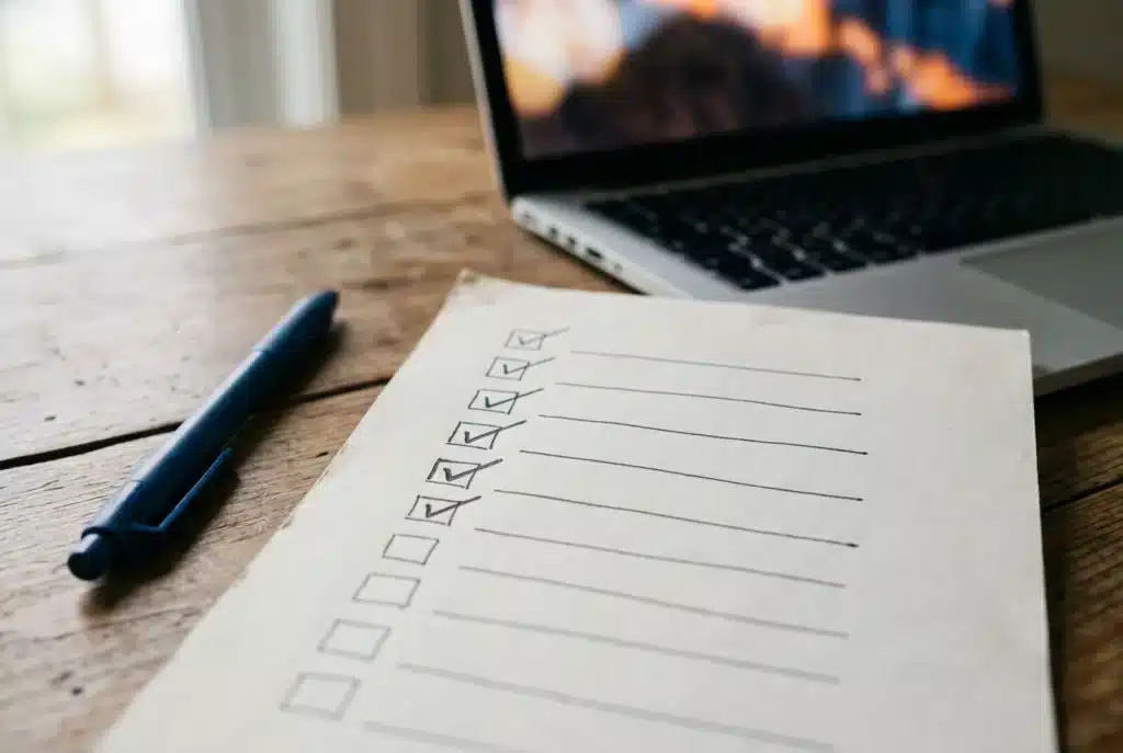 Checkliste mit Häkchen und Stift neben einem Laptop