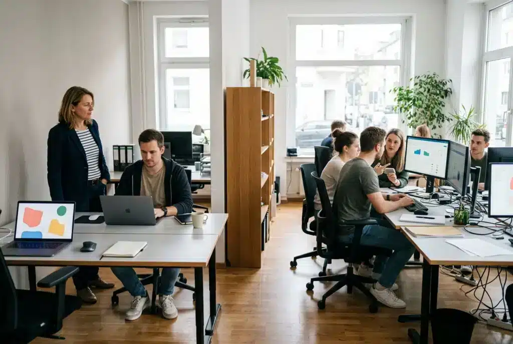 Einzelner Webdesigner am Laptop, im Hintergrund ein Agenturteam an Schreibtischen