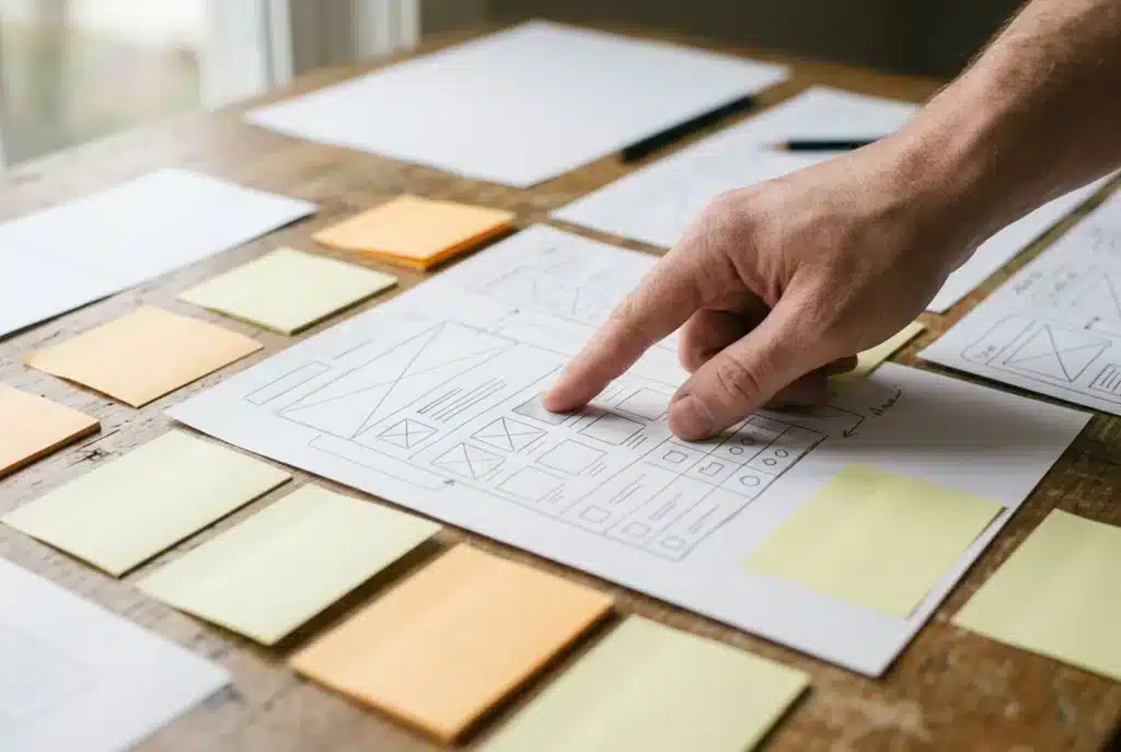 Hand zeigt auf Wireframe-Skizzen und Haftnotizen für einen Website-Relaunch
