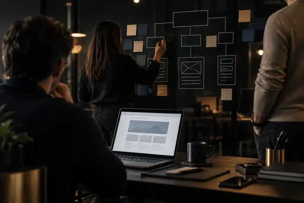 Team plant an einer Wand mit Wireframes den Relaunch einer Website