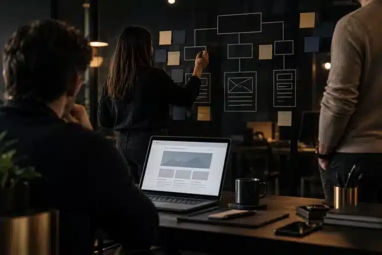 Team plant an einer Wand mit Wireframes den Relaunch einer Website