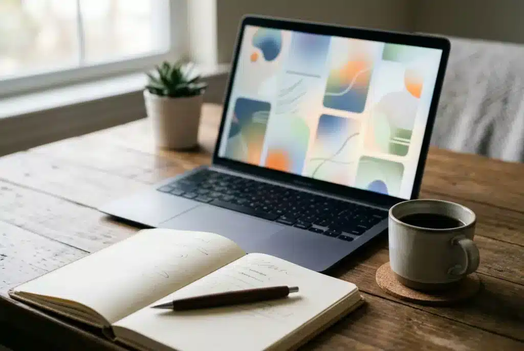 Laptop mit Website-Entwurf, Notizbuch und Kaffee am Schreibtisch